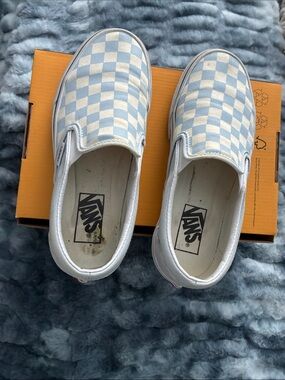 Vans Light Blue and White Checkerboard Slip-On Sneakers